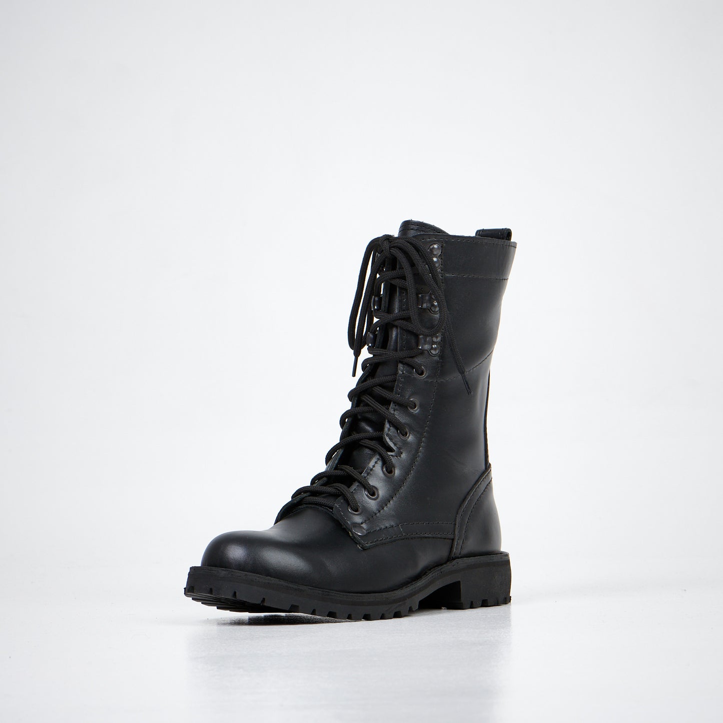 Black leather lace-up combat boots with rugged sole, AIPI brand.