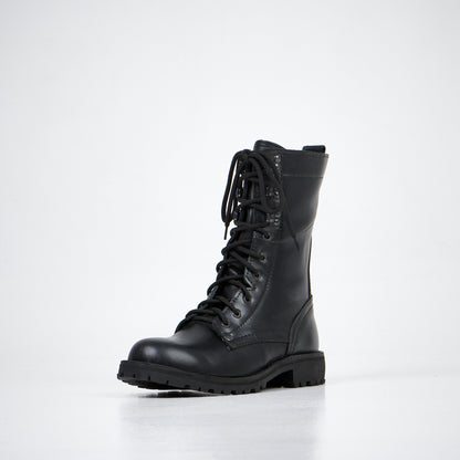 Black leather lace-up combat boots with rugged sole, AIPI brand.