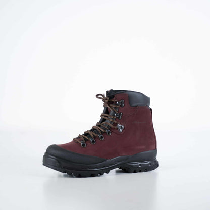 Burgundy waterproof nubuck leather hiking boots with antimicrobial insole and durable rubber sole by Samelin.