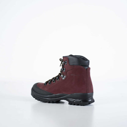 Burgundy waterproof nubuck leather hiking boots with lace-up design and sturdy sole, by Samelin.