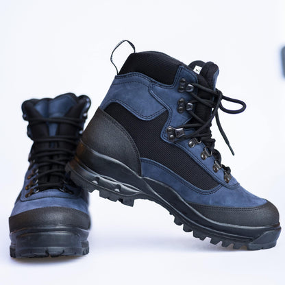 Navy waterproof nubuck leather hiking boots with breathable mesh and durable sole, by Samelin.