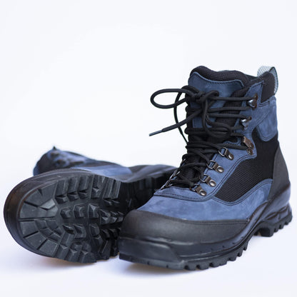 Navy waterproof nubuck leather hiking boots with breathable mesh and sturdy sole, by Samelin.