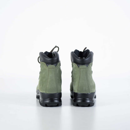 Green waterproof nubuck leather hiking boots with Vibram sole and lace-up design by Samelin.