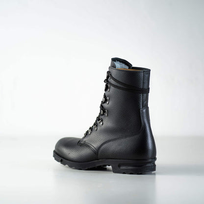 Black full-grain leather M77 Norwegian combat boots with antibacterial insole and direct-injected PU sole by Samelin.