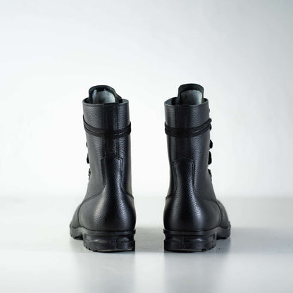 Black full-grain leather M77 Norwegian combat boots with antibacterial insole and direct-injected PU sole by Samelin.