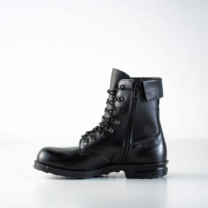 Black full grain leather military combat boots with side zipper, antibacterial insole, by Samelin.