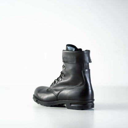Black full grain leather military combat boots with antibacterial insole and cambrelle lining by Samelin.