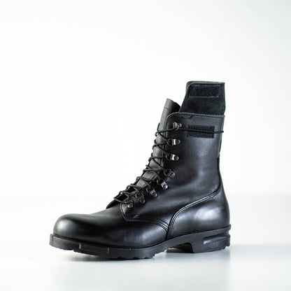 Black full grain leather military combat boots with antibacterial insole and cambrelle lining by Samelin.
