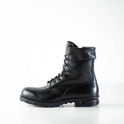 Black full grain leather NATO grade combat boots with antibacterial insole and Cambrelle lining by Samelin.