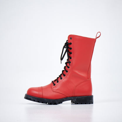 Red water-repellent leather aviator combat boots by Samelin with lace-up design and sturdy soles.