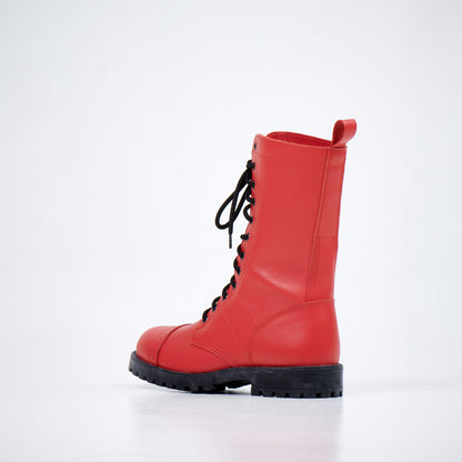Red high aviator military boots by Samelin, made with water-repellent leather and lace-up design.