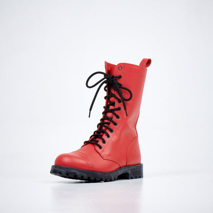 Red water-repellent leather high aviator military boots with black laces, by Samelin.