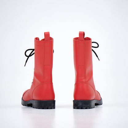 Red water-repellent leather aviator military boots with laces, by Samelin, featuring a chunky rubber sole.