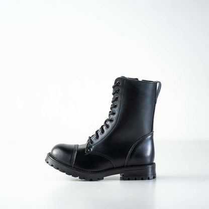 Black fur-lined leather combat boots with lace-up front, by Samelin, featuring an anatomical insole.