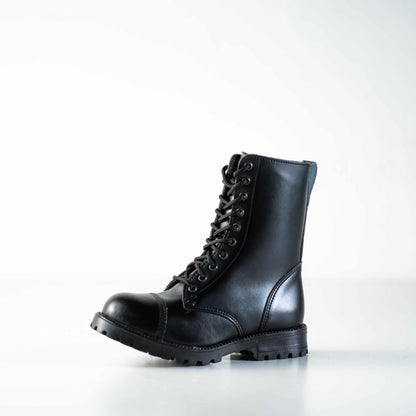 Black leather combat boots with fur lining, lace-up design, and an anatomical insole by Samelin.