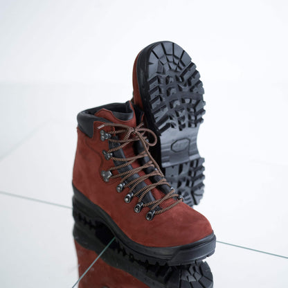Waterproof red nubuck leather hiking boots with Vibram sole and antibacterial insole by Samelin.