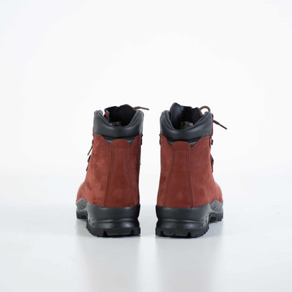 Waterproof nubuck leather hiking boots in red with Vibram sole and antibacterial insole by Samelin.