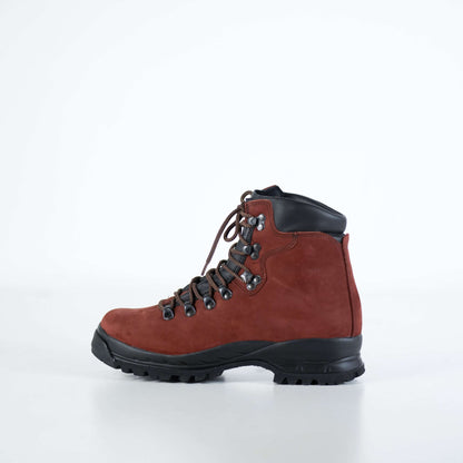 Waterproof red nubuck leather hiking boots with Vibram sole by Samelin, featuring antimicrobial insole and secure lacing.