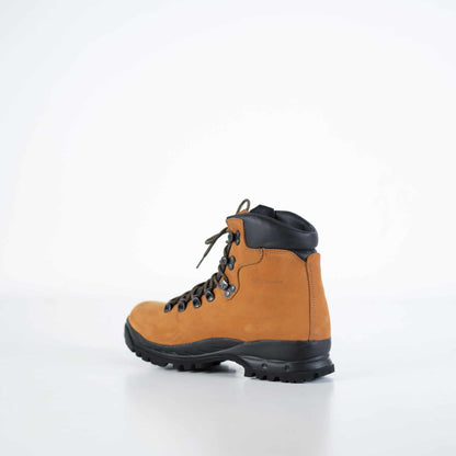 Tan nubuck leather hiking boots with waterproof design, lacing system, and supportive ankle height by Samelin.