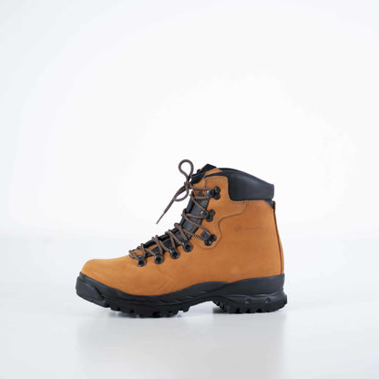 Brown nubuck leather hiking boots with waterproof design and lace-up front, featuring a sturdy outsole for traction.