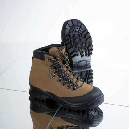 Brown waterproof nubuck leather hiking boots with a rugged sole and lace-up design by Samelin.