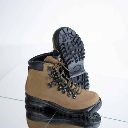 Brown waterproof nubuck leather hiking boots with antibacterial insole and rugged outsole by Samelin.