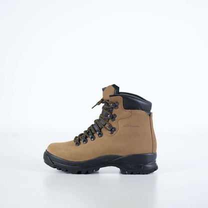 Brown waterproof nubuck leather hiking boots with antibacterial insoles and durable laces by Samelin.