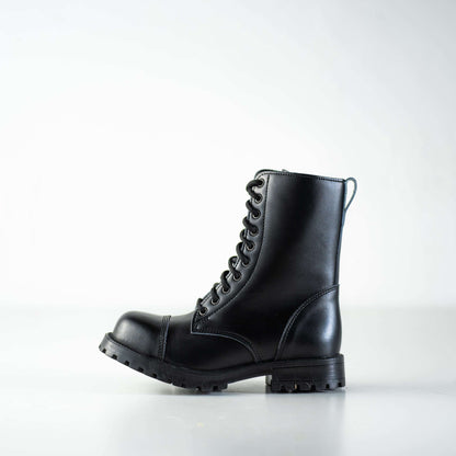 Black leather combat boots with lace-up design, anatomical insole, and antibacterial features by Samelin.