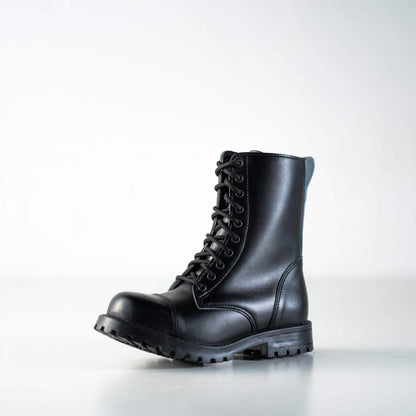 Black leather combat boots with lace-up front and durable sole, unisex design by Samelin.