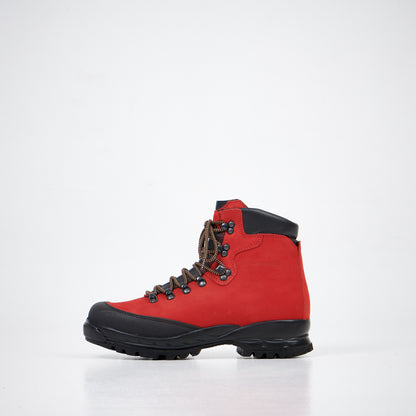 Red waterproof nubuck leather hiking boots with lace-up design and durable sole by Samelin.