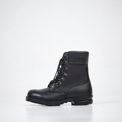 Black full grain leather combat boots with anatomical insole and direct injected PU sole by Samelin.