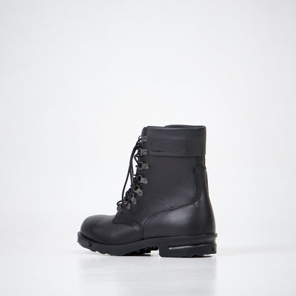 Black full grain leather military boots by Samelin with lace-up design and sturdy sole, available in sizes 36-38.