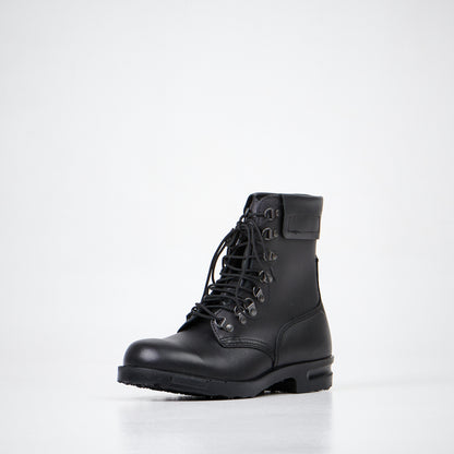 Black full grain leather combat boots with laces, anatomical insole, and direct-injected PU sole by Samelin.