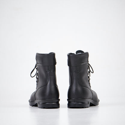 Black full-grain leather military combat boots with laces and direct-injected PU sole by Samelin.