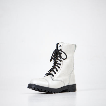White leather military boots with lace-up design and water-repellent PU sole by Samelin.