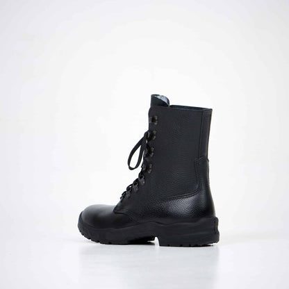 Black waterproof leather combat boots with lace-up design and dual-layer sole by Samelin.