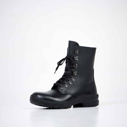 Black waterproof leather military combat boots with lace-up closure and dual-layer sole by Samelin.