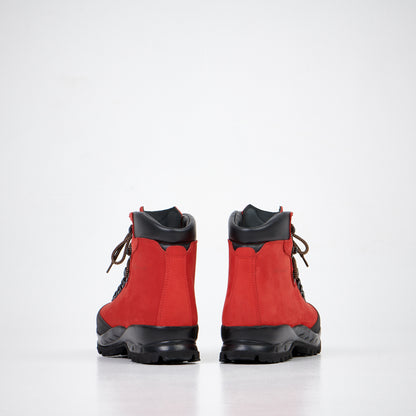 Red nubuck leather hiking boots with waterproof design and antibacterial insole by Samelin.