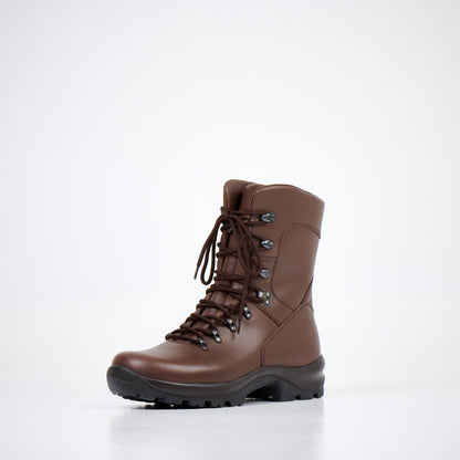 Dark brown waterproof leather combat boots with anatomical insole and dual-layer sole by Samelin.