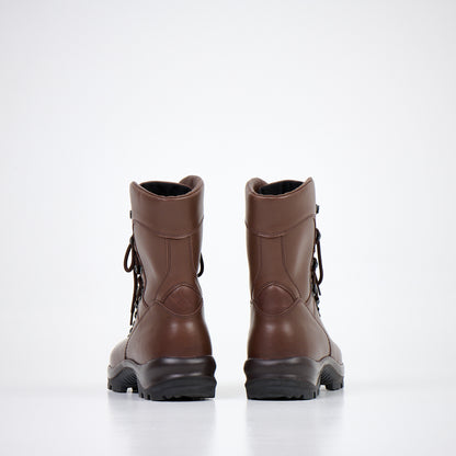 Dark brown waterproof leather combat boots with anatomical insole from Samelin, featuring dual-layer sole.
