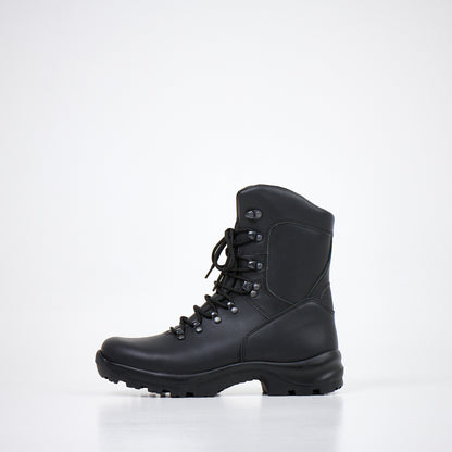 Black waterproof leather combat boots by Samelin with anatomical insole and durable soles. Available in sizes 37-39.