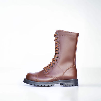 Brown water-repellent leather high aviator boots with direct injection sole by Samelin.