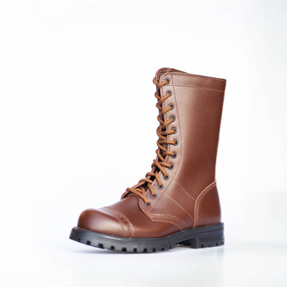 Brown water-repellent leather high aviator boots with lace-up design and direct injection sole by Samelin