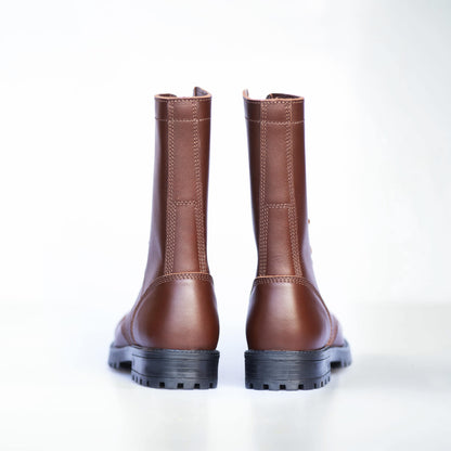 Brown water-repellent leather military aviator boots by Samelin with direct injection sole.