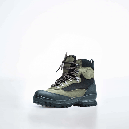 Green nubuck leather hiking boots with black accents and waterproof features by Samelin.