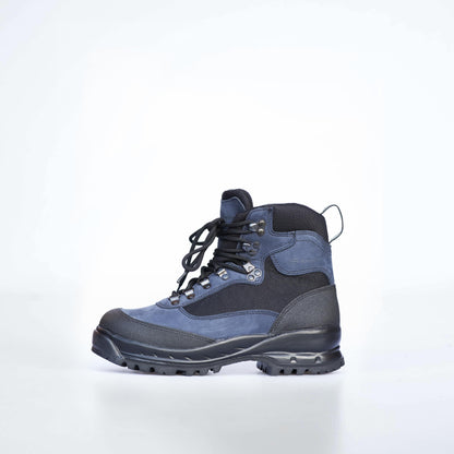 Navy waterproof nubuck leather hiking boots with breathable panels and antibacterial properties by Samelin.