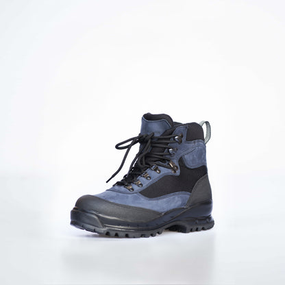 Navy waterproof nubuck leather hiking boots with breathable mesh and antibacterial features, by Samelin.