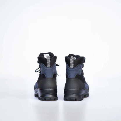 Navy waterproof nubuck leather hiking boots with antibacterial and breathable features by Samelin.