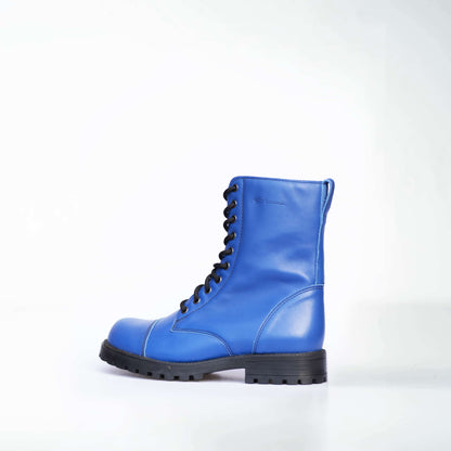 Blue leather combat boots by Samelin with lace-up design and sturdy rubber sole, suitable for unisex punk style.