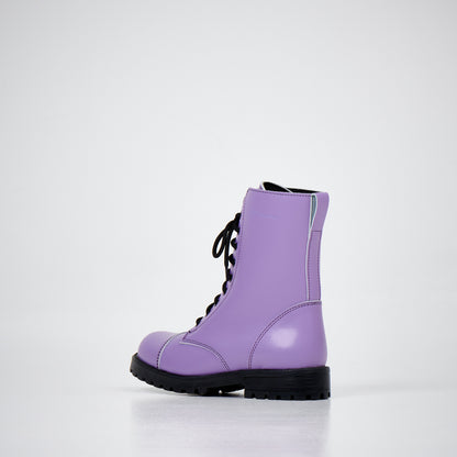 Purple leather military combat boots with lace-up design and antibacterial insole by Samelin.